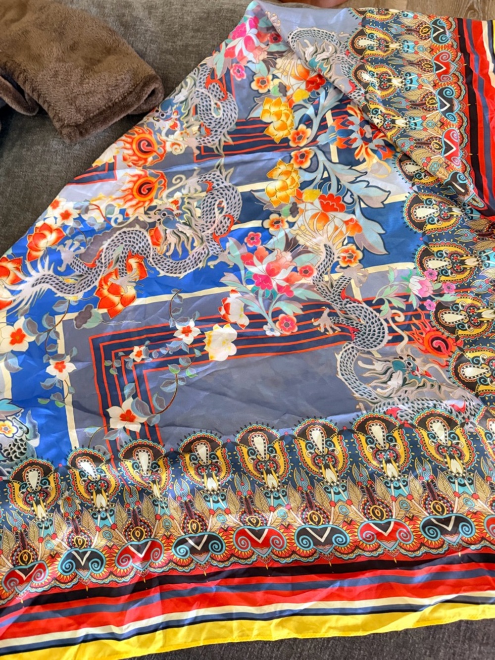 Vibrant Blue Floral & Dragon Silk Scarf - Multicolor - Picture 1 of 2
